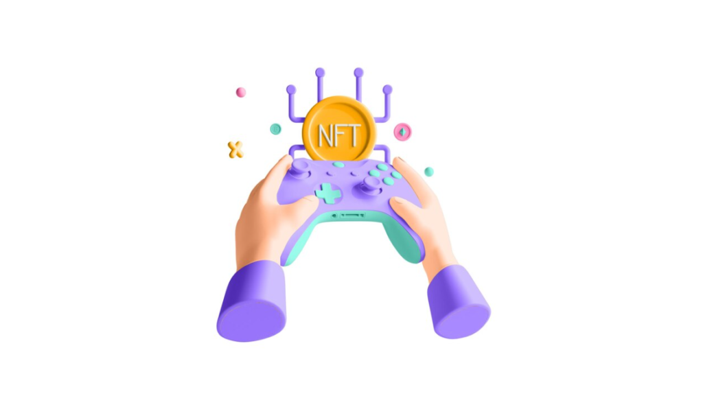 Hands holding a purple game controller with a floating NFT symbol