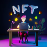 Man with Laptop Surrounded by NFT Coins in 3D