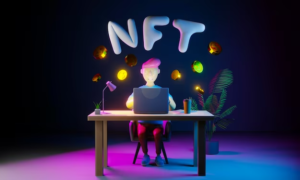 Man with Laptop Surrounded by NFT Coins in 3D