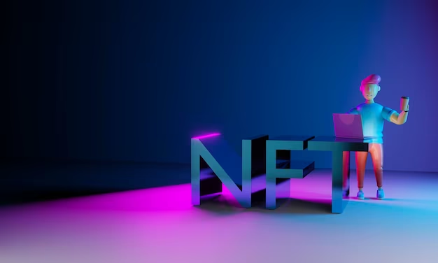 3D Graphic of a Person Working on Laptop Above 'NFT' Tex