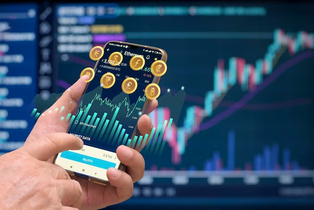 Hand with phone displaying various cryptocurrency market data