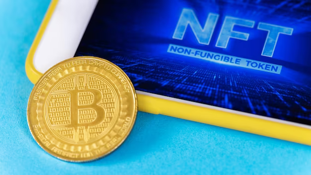 Bitcoin gold coin and smartphone with nft on blue background