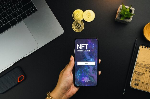 Hand holding a phone displaying an NFT marketplace