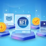 Colorful NFT icons displayed on pedestals against a blue background