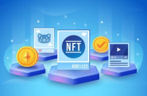 Colorful NFT icons displayed on pedestals against a blue background