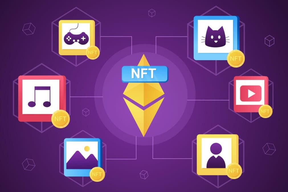 Hexagonal NFT symbols interconnected around a central Ethereum logo