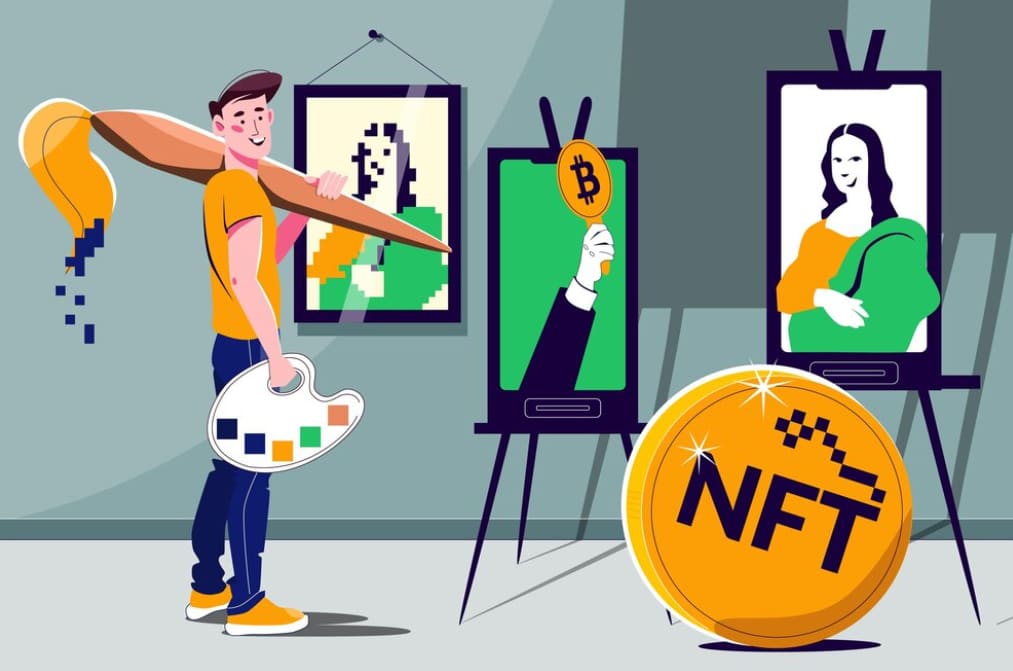 An artist paints an NFT while Bitcoin and Mona Lisa NFTs stand nearby