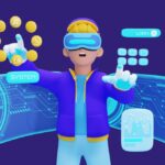 A person in VR gear interacting with cryptocurrency symbols