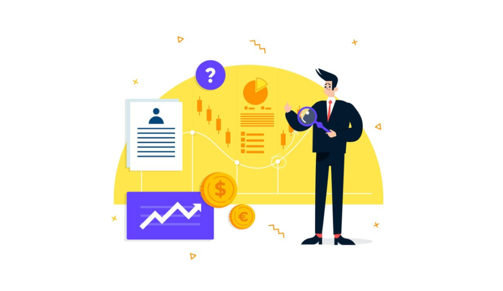 An illustrated businessman with financial charts and currency symbols