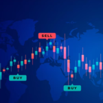 World map background with candlestick trading chart and buy/sell markers