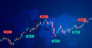 World map background with candlestick trading chart and buy/sell markers