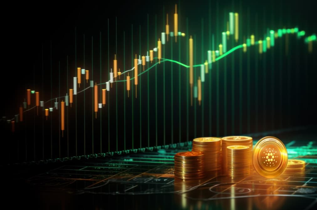 Candlestick chart glow over coins and a Cardano cryptocurrency symbol