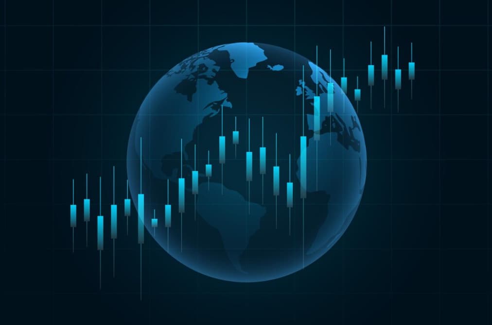 Candlestick chart overlay on a globe representing global markets