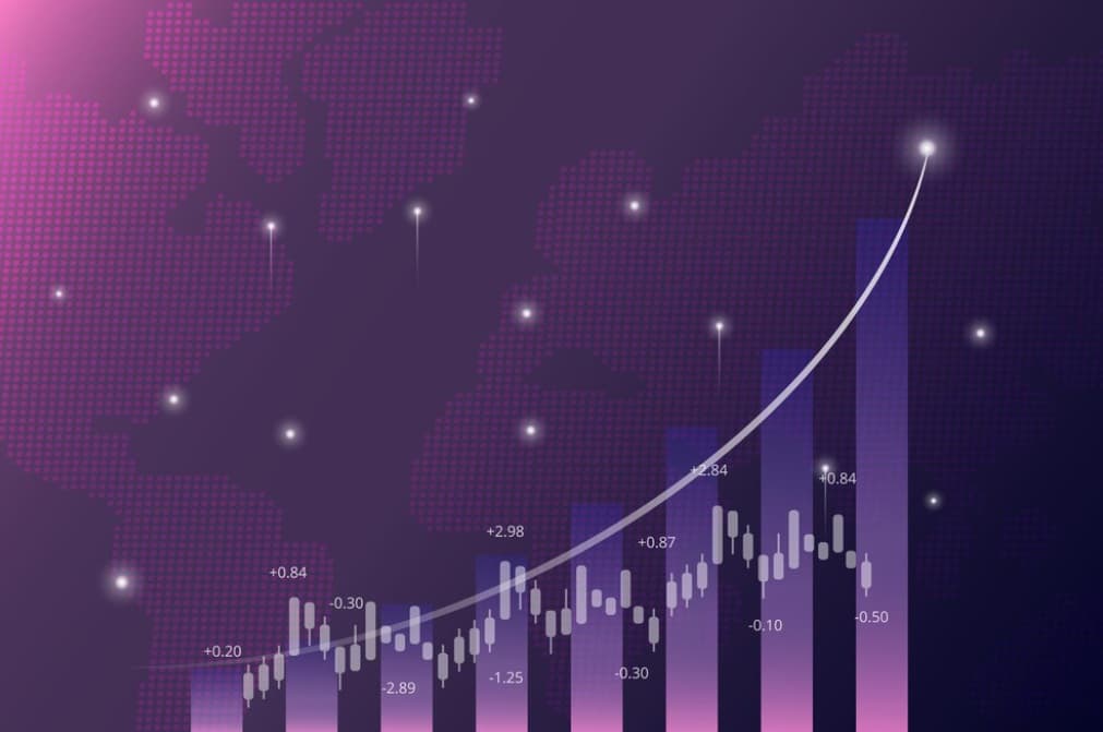Rising financial graph against a purple world map backdrop