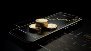 Smartphone with trading app with stack of gold coins